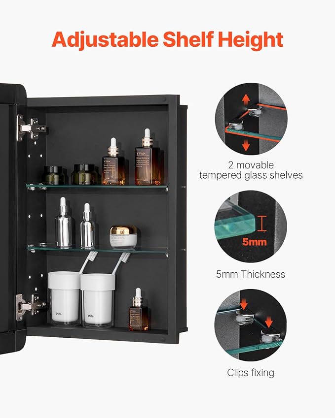 VEVOR Medicine Cabinet, 16 x 24 inch, Medicine Cabinet for Bathroom with Mirror, Aluminum Frame Bathroom Wall Cabinet, 2-Layer Adjustable Shelves, Recessed & Wall-Mounted Installation