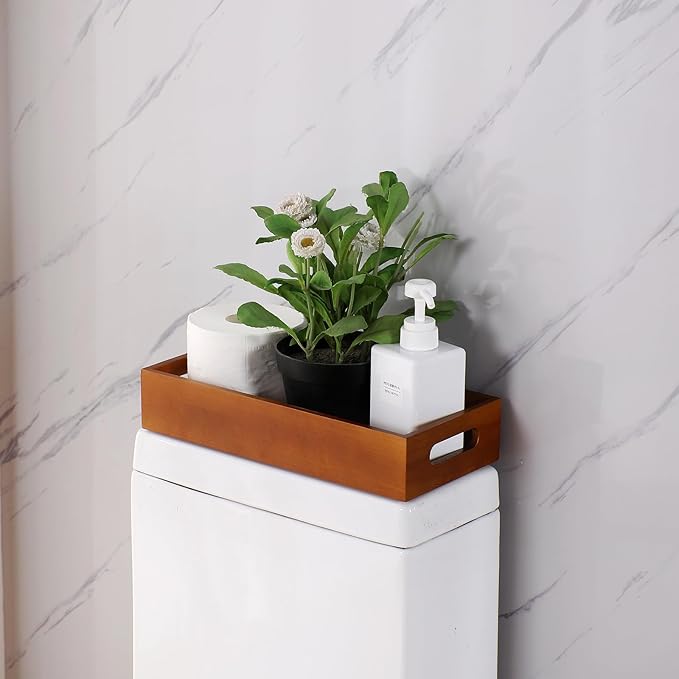 Bathroom Decor Box,Wooden Toilet Tank Topper Basket Tray,Back of Toilet Basket for Paper Storage Bathroom Counter Organizer (Brown, 15.1 * 6 * 2.5in)