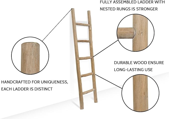 FUIN Fully Assembled 57in Wood Blanket Ladder Living Room Decorative Wall Leaning Farmhouse Quilt Display Holder Rustic Wooden Towel Rack for Bathroom, Brown