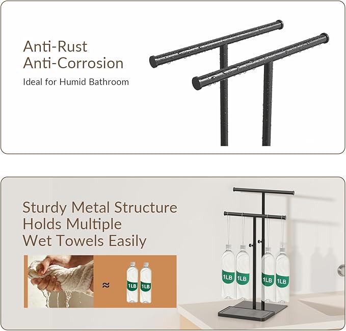 NADAMOO Towel Holder Stand with Stone Drying Tray, Adjustable Height 13.8"-24" Extra Tall for Countertop, Wide Stable Base, Rustproof Black Metal, Double Bar Hand Towel Rack for Bathroom & Kitchen