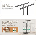 NADAMOO Towel Holder Stand with Stone Drying Tray, Adjustable Height 13.8"-24" Extra Tall for Countertop, Wide Stable Base, Rustproof Black Metal, Double Bar Hand Towel Rack for Bathroom & Kitchen