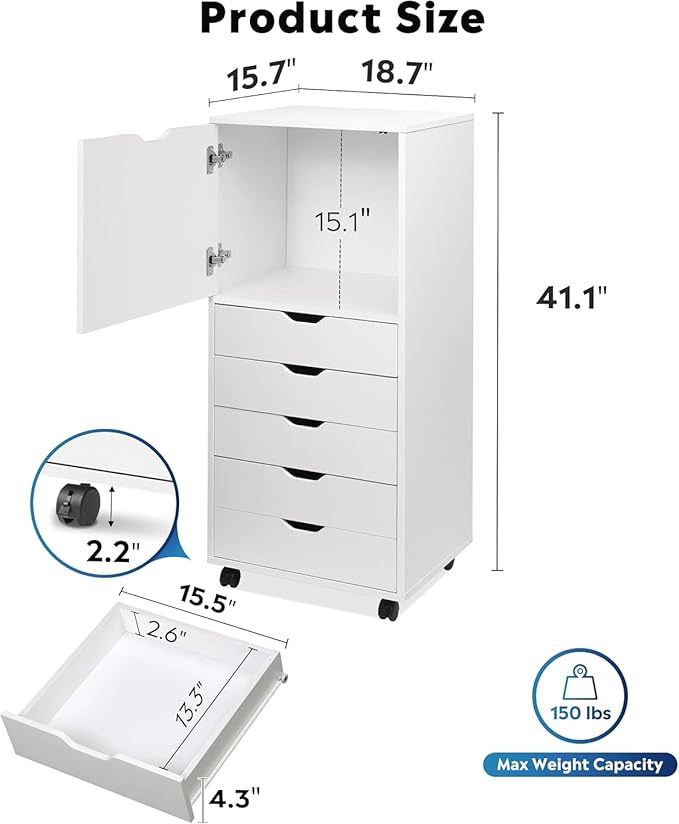DEVAISE Wood File Drawers, Mobile Chest with 5 Drawer and 1 Door, Rolling Filing Drawer for Home Office, White