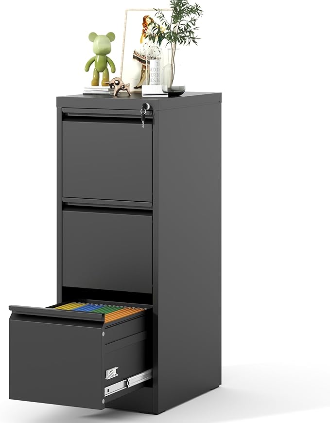 File Cabinet 3 Drawer with Lock, Vertical Filing Cabinets for Home Office, Metal Steel Storage Cabinet for Letter/Legal Size File, Assembly Required(Black)