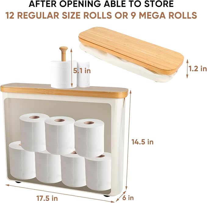 Anfly Bamboo Toilet Paper Storage Organizer with Lid - Holds 12 Mega Rolls, Countertop Bathroom Tissue Holder Cabinet, TP Storage Basket