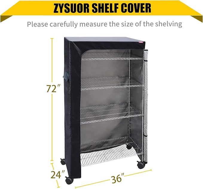 Waterproof Dustproof Shelving Cover for Wire Shelf, 36" W x 24" D x 72" H – Heavy Duty Oxford Fabric with Clear Front & Two-Way Zipper for Pantry, Basement, Utility Room (Black, Cover Only)
