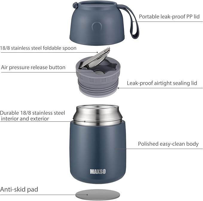 MAXSO Soup Thermo for Hot & Cold Food for Adults Kids, 17 oz Vacuum Insulated Steel Lunch Container Bento Box with Spoon, Leakproof Thermal Food Jar for School Office Travel - Dusty Blue