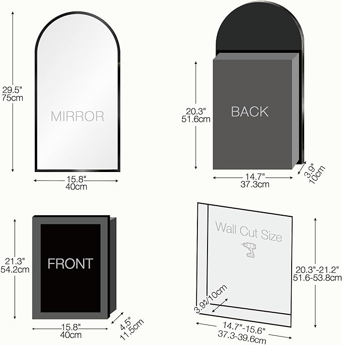 Arched Medicine Cabinet Mirror No Assembly Needed Bathroom Mirror with Storage Recessed or Surface Mount Options (Black, 29.5" L x 15.8" W)
