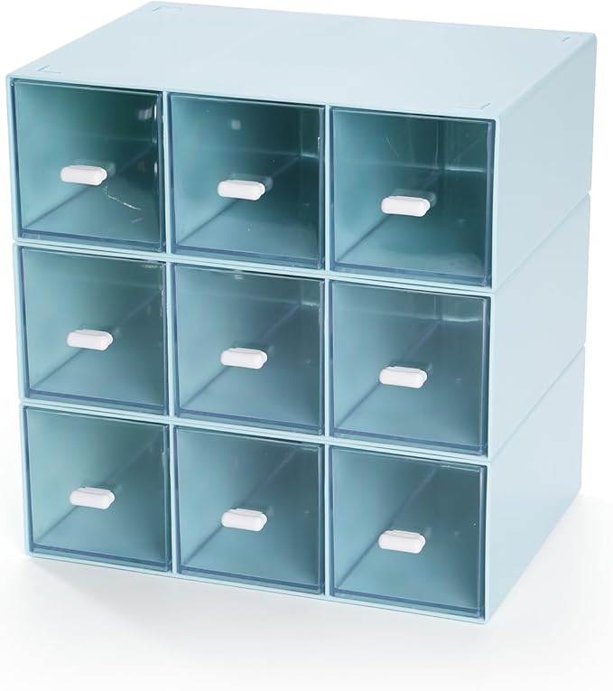 Desktop Drawers, Desk Organizer with 9 Drawers, Stackable Plastic Storage Box for Home Collection, Cosmetics, Jewelry, Office Supplies (3 Tiers, Blue)