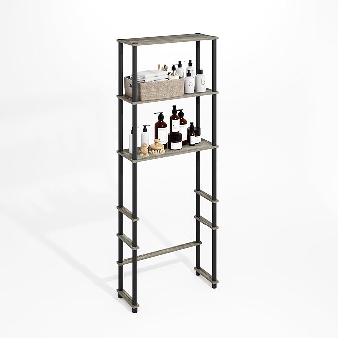 Furinno Turn-N-Tube Over The Toilet Storage, 3-Shelf Over The Toilet Organizer, Freestanding Space Saver Bathroom Shelf, for Bathroom Organizers and Storage, Grey Oak