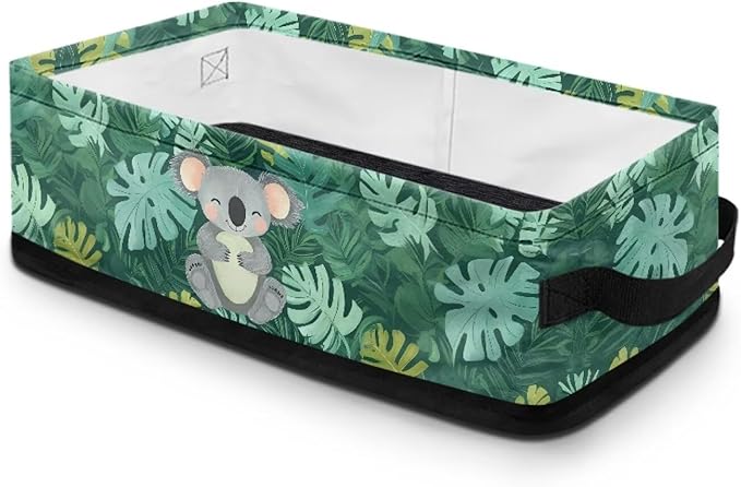 Small Bathroom Basket Toilet Tank Topper Paper Basket Fabric Bin Shelf Multi-purpose Storage Basket Caddy with Handles for Bathroom Counter, Koala Tropical Monstera Leaf Green