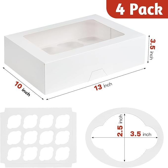 12 Count Cupcake Boxes, 4 Pack Auto-Popup White Cupcake Containers with Window and Inserts Cupcake Carrier with Holders to Fit Dozen Cupcakes and Muffins