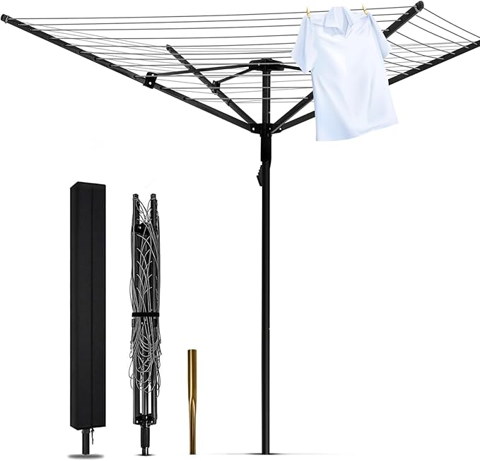 Umbrella Clothesline Outdoor |165 Feet Heavy Duty Rotary Outdoor Umbrella Drying Rack with 4-Aluminum Arms and Steel Post 12-Lines | Adjustable Height & Retractable Clothes Drying Rack for Backyard