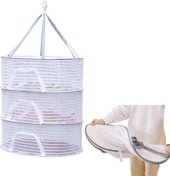 Herb Drying Rack, 3 Layer Foldable Hanging Mesh Net with Zipper, Collapsible Food Drying Fish Hanging Basket Dryer Net for Buds, Fruits, Vegetables, Herbs, Fish, Clothes, Doll(Size:M)