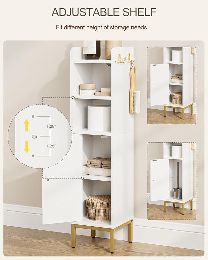 Bathroom Storage Cabinet, Small Corner Floor Hutch with Door and Shelves, Narrow Toilet Paper Cabinet, Bathroom Organizer with Adjustable Shelf, for Small Spaces (Classic-Rattan, White)