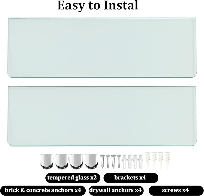 SAYAYO Floating Glass Shelves for Bathroom, Tempered Glass Shelf for Wall 15 x 5 Inch 2 Pack, Clear