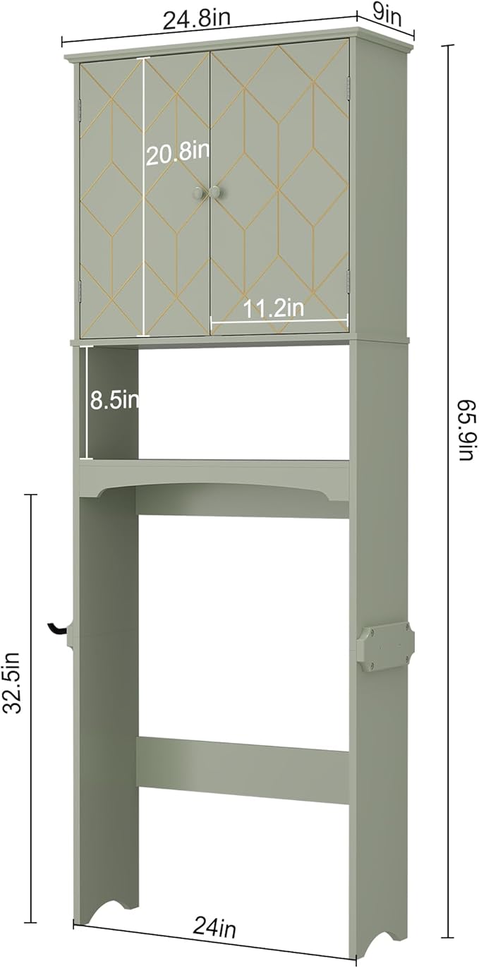 Over The Toilet Storage Cabinet with Gold Trim, Modern Bathroom Organizer Over Toilet with Adjustable Shelves and Toilet Paper Holder for Bathroom (Green)