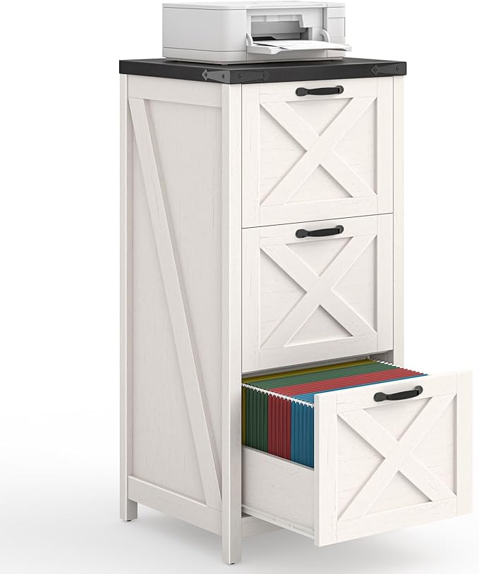 3 Drawer Tall File Cabinet, Farmhouse Vertical Filing Cabinet Fits Letter/A4 Size, Wood File Cabinets Printer Stand for Home Office, Living Room, White and Black