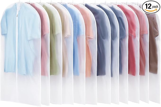 12 Pack Garment Bags for Hanging Clothes - Translucent Suit Bag for Closet Wardrobe Storage Travel - 24" x 42"