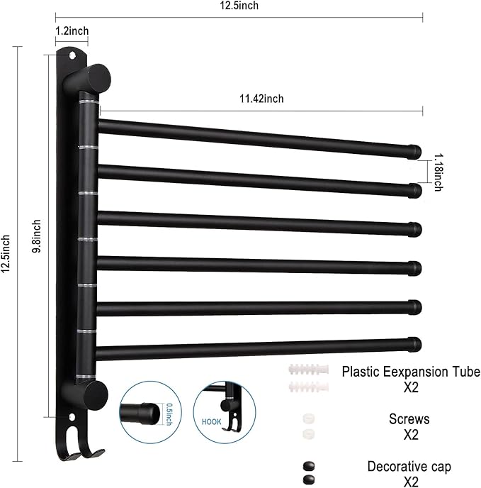 Matte Black 6 - Arm Stainless Steel Swivel Towel Rack with Hook: Wall - Mounted, Rustproof Space - Saver for Bathroom & Kitchen - 180° Rotation, 14kg Capacity