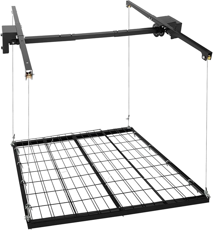 Ceiling Mount Garage Storage Rack, 4x4 Ft Overhead Lifting Storage Rack with 250 lbs Capacity, Adjustable Max Height 8 Ft with Crank Handle, Carbon Steel for Garage Warehouse Organization, Black