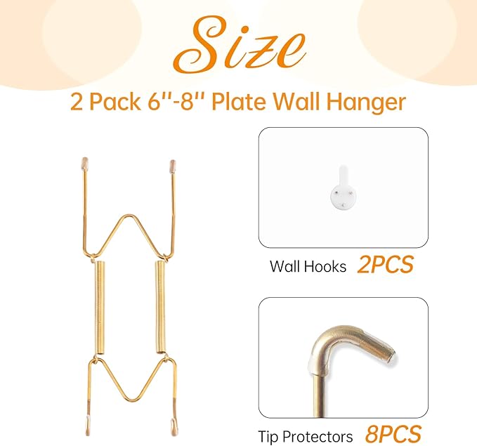 2 Pack Plate Hangers for The Wall, Suitable for 6-8 inch Art Plate, Stainless Steel Invisible Heavy Duty Wire Plate Holder with Wall Hooks, Plate Hangers for Displaying Plates, Platter, Dish, Gold