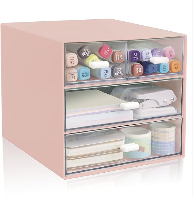 Desk Organizer with Drawer, Office Organizer with 4 Drawers, Desk Storage Box for, Desktop, Dressing table, Office, School, Home, Plastic Box and 4 Acrylic Drawers(Pink)