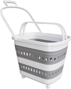 TECHMILLY Collapsible Plastic Laundry Basket Hamper with Wheels, 45L Portable Rubber Clothes Basket, Pop Up Storage Container/Organizer with Hanging Basket for Washing & Storage, Grey