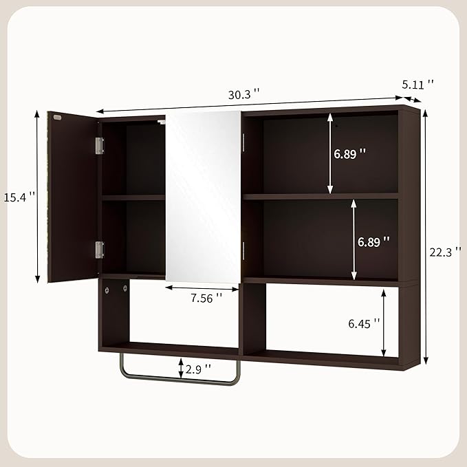 Medicine Cabinet, Wooden Bathroom Wall Cabinet with 2 Doors, Adjustable Shelves & Towel Bar, Over Toilet Storage Cabinet Wall Mounted for Laundry with Mirror, Espresso