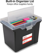 STAPLES File Folder Tote, Portable Filing Box for Letter SIze Hanging Folders, Security Latch & Built-In Lid Organizer, Black/Clear