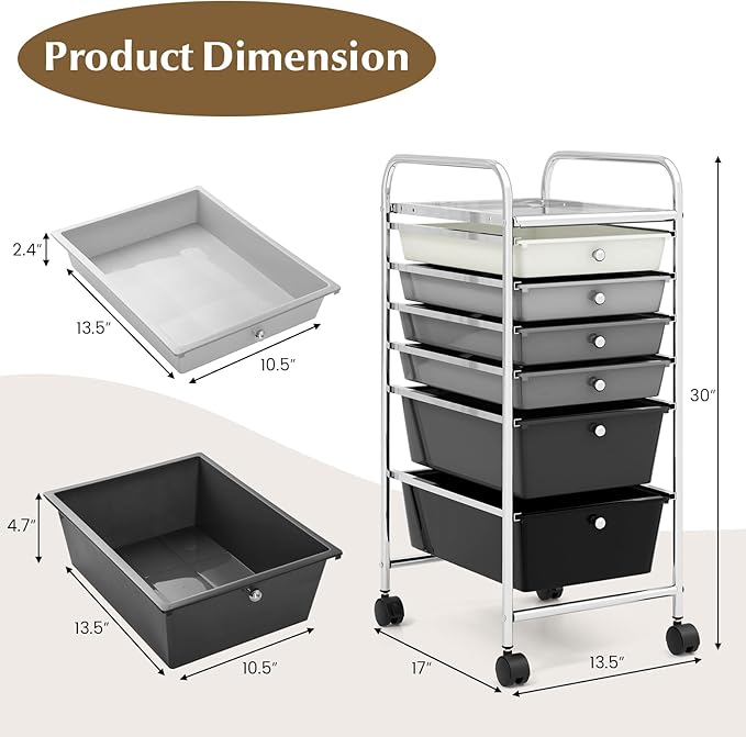 GOFLAME 6-Drawer Rolling Storage Cart, Multifunctional Art Craft Organizer Cart, Mobile Utility Storage Cart with Removable Drawers & Lockable Wheels, Craft Cart for Home Office, School, Gray Gradient