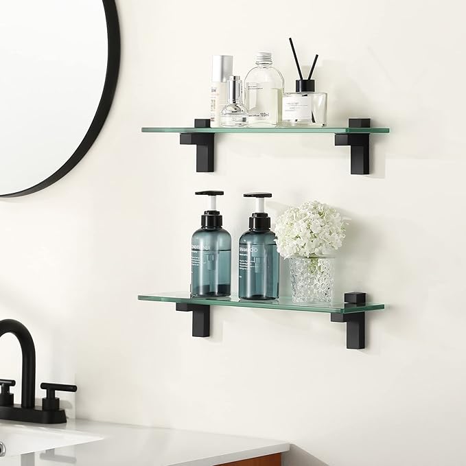 KES Glass Shelves for Bathroom 2 Pack, 16 Inch Tempered Glass Floating Shelves Wall Mount Matte Black, BGS3201S40-BK-P2