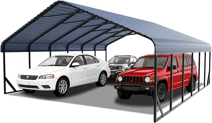 20x30 FT Heavy Duty Metal Carport with Galvanized Steel Roof & Frame - All-Weather Portable Garage Shelter for 3 Cars, Safe Boat Cover & Yard Protection