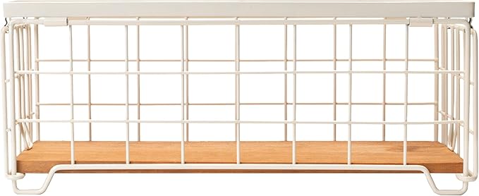 Metal Wire Storage Basket, Toilet Paper Roll Holder Wood Base Countertop Decor Box Toilet Tank Shelf Cabinet Organizer for Bathroom Pantry Garage Bedroom Livingroom (Cream White (2 Pack))