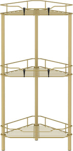3 Tier Floor Standing Corner Shower Caddy Organizer Shelf with Hooks, Bathroom Shelves Stand Rack, Gold