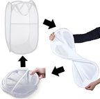 Pop up Laundry Hamper, Portable Foldable Mesh Clothes Hamper for Kids Room, College Dorm or Travel, Collapsible Laundry Basket for Storage, White