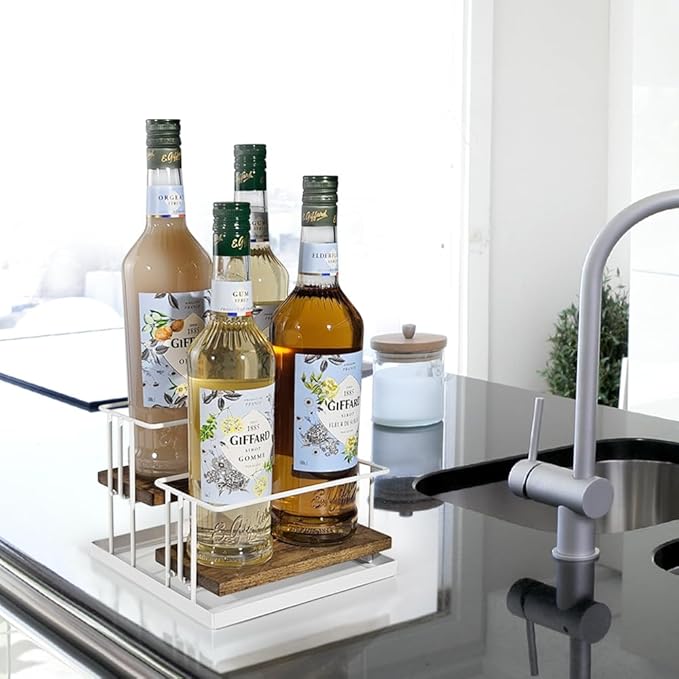 J JACKCUBE DESIGN Cofee Syrup Bottle Holder Rack, Rustic Wood and White Metal Wire 2 Tier 4 Syrup, Wine, Dressing Bottle Countertop Display Storage Stand for Kitchen Coffee Bar- MK816F