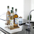 J JACKCUBE DESIGN Cofee Syrup Bottle Holder Rack, Rustic Wood and White Metal Wire 2 Tier 4 Syrup, Wine, Dressing Bottle Countertop Display Storage Stand for Kitchen Coffee Bar- MK816F