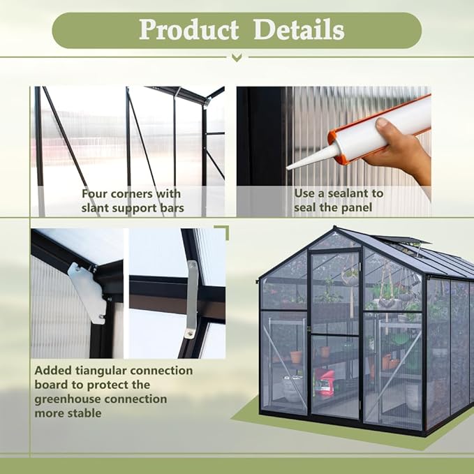 Heavy-Duty Polycarbonate Greenhouse with Double Flush Door, Rain Gutter & Adjustable Ventilation Window for Garden, Backyard or Sunroom Use (6x12 FT)
