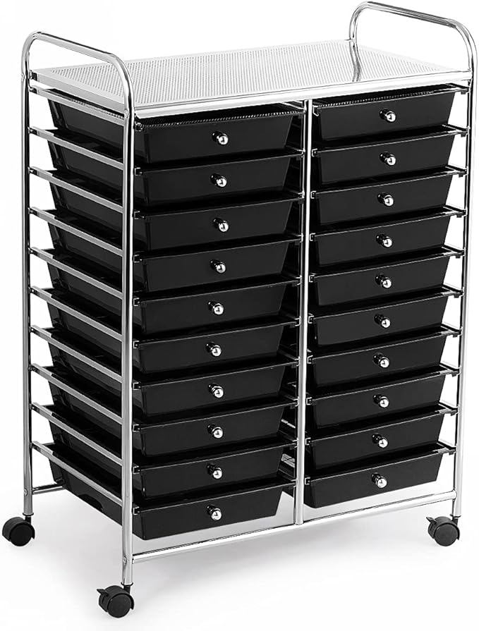 GOFLAME 20-Drawer Rolling Storage Cart, Multifunctional Art Craft Organizer Cart, Mobile Utility Storage Cart with Removable Drawers & Lockable Wheels, Craft Cart for Home Office School, Black
