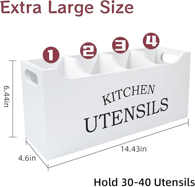Kitchen Utensil Holder with Drainage Bottom, Extra Large 4 Compartments Solid Real Wood Utensil Organizer for Kitchen Counter, Farmhouse Cooking Tools Storage for Countertop, White