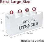 Kitchen Utensil Holder with Drainage Bottom, Extra Large 4 Compartments Solid Real Wood Utensil Organizer for Kitchen Counter, Farmhouse Cooking Tools Storage for Countertop, White