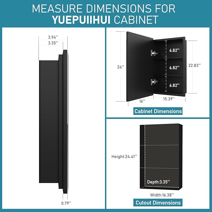 16 x 24 Inch Recessed Medicine Cabinet with Beveled Mirror, Bathroom Metal Mirror Medicine Cabinet with Adjustable Shelves, Wall Mounted Black Medicine Cabinets for Bathroom Storage Modern House