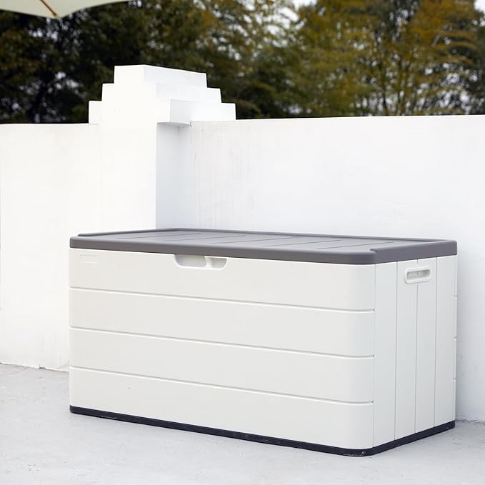 110 Gallon Deck Box Waterproof,Double-Wall Resin Outdoor Storage Boxes, Deck Storage for boat slip storage,Cushions, Pool Float, Garden Tools,Patio Furniture, Lockable (OFF-WHITE)