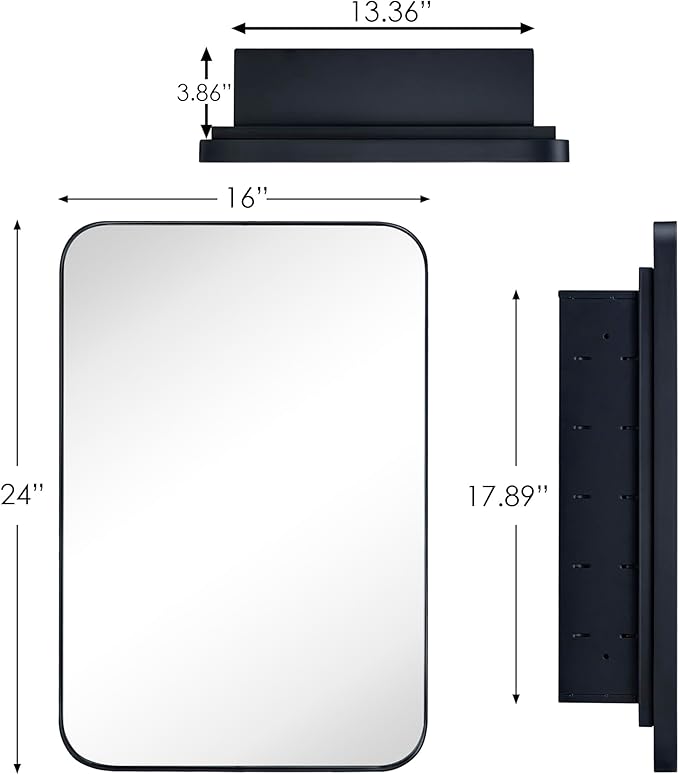 Brushed Gold Rectangle Recessed Bathroom Medicine Cabinet with Mirror Stainless Steel Metal Framed Rounded Rectangular Bathroom Cabinet with Mirror 16x24''