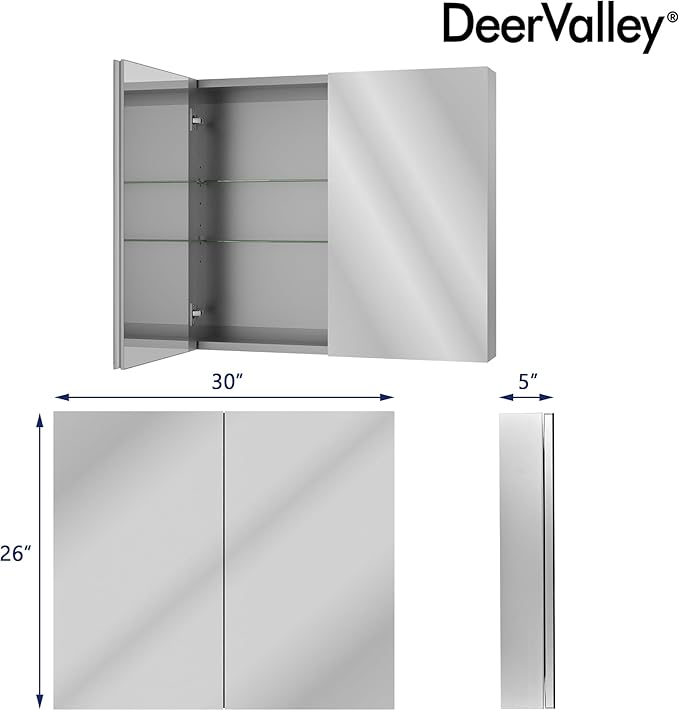 DeerValley Medicine Cabinet with Mirror, 30" W x 26" H Bathroom Mirror with Storage, Frameless Modern Wall Mount Mirrored Medicine Cabinets with Adjustable Shelf