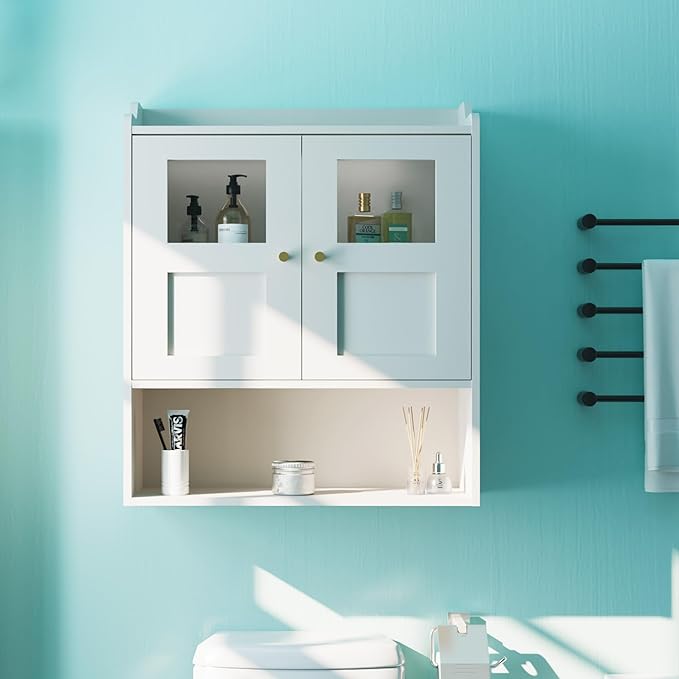 Bathroom Wall Cabinet, Medicine Cabinet with 2 Glass Door and Adjustable Shelves,White Wall Mounted Cabinet Over The Toile,3-Tier Wood Hanging Storage for Bathroom,Kitchen,Living,Laundry Room