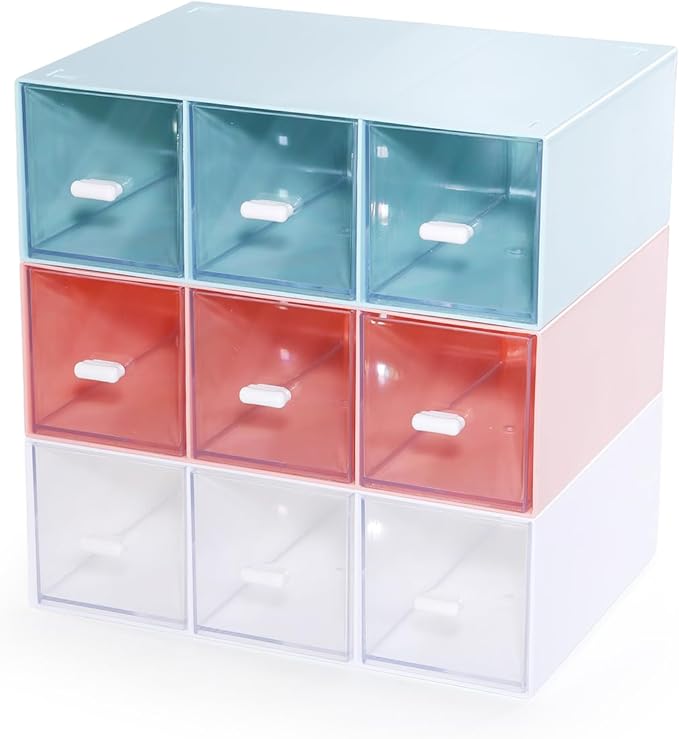 Desktop Drawers, Desk Organizer with 9 Drawers, Stackable Plastic Storage Box for Home Collection, Cosmetics, Jewelry, Office Supplies (3 Tiers, Mixed Colors)