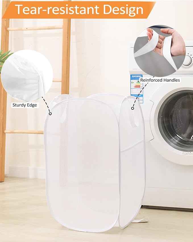 2 Pack Durable Collapsible Laundry Baskets - Reinforced Mesh Pop Up Laundry Hamper with Pocket, Foldable Dirty Clothes Hamper with Carry Handles for Laundry, Bathroom, Kids Room, Dorm or Travel White