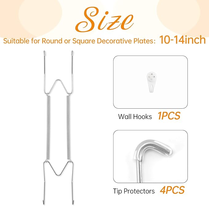Bilillo Plate Hangers for The Wall, Suitable for 10-14 inch Decorative Plate, Stainless Steel Invisible Heavy Duty Wire Plate Holder with Wall Hooks, Plate Hangers for Displaying Plates, Silver
