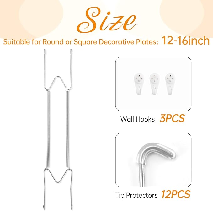 Bilillo 3 Pack Plate Hangers for The Wall, Suitable for 12-16 inch Art Plate, Stainless Steel Invisible Heavy Duty Wire Plate Holder with Wall Hooks, Plate Hangers for Displaying Plates, Silver